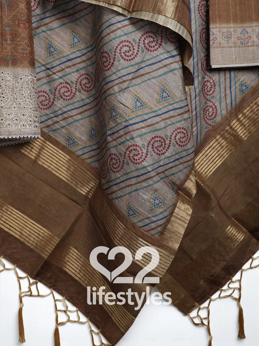 Brown Tussar Silk Unstitched Salwar Suit