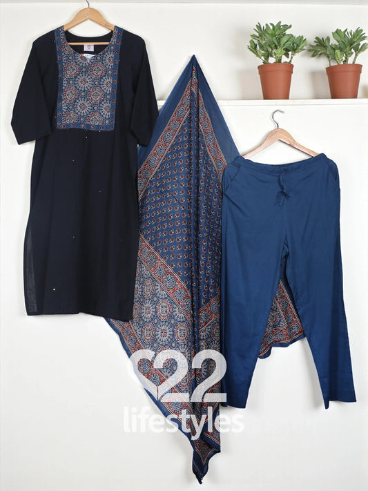 Blue Handloom Ajrakh Print Readymade Salwar Suit
