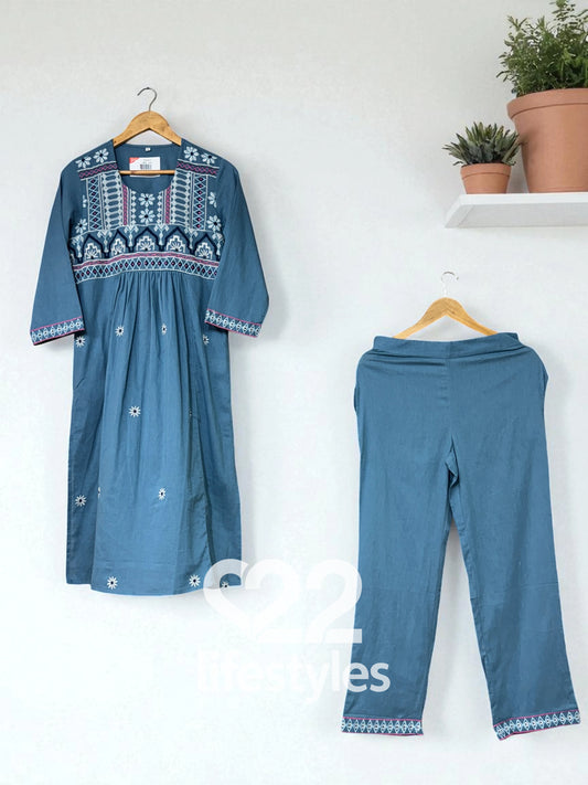 Blue Embroidery Co-ord-Set Readymade