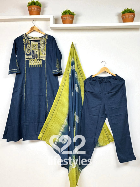 Navy Blue Threadwork Yoke Readymade Salwar Suit