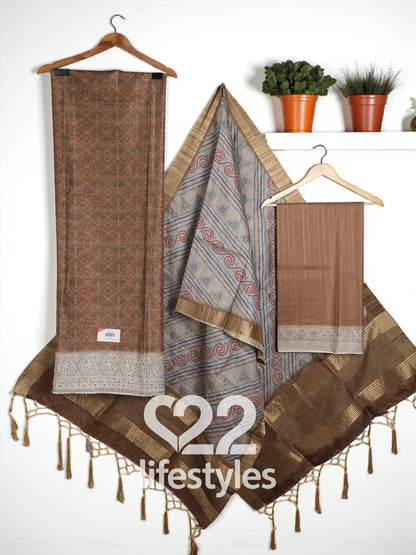 Brown Tussar Silk Unstitched Salwar Suit