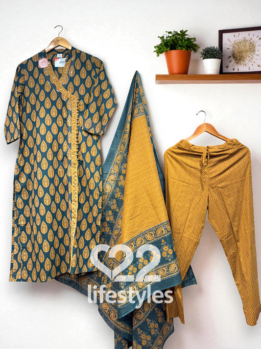 Dark Green & Mustard Angrakha Handblock Readymade Salwar Suit