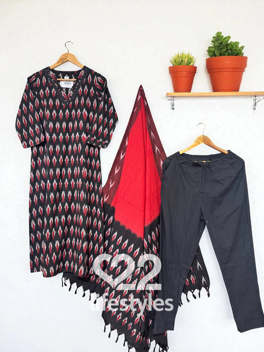 Black Ikkat Weave Readymade Salwar Suit