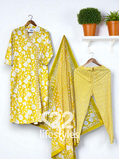 Lemon Yellow White Angrakha Readymade Salwar Suit