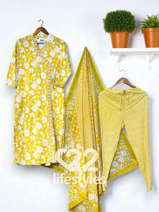 Lemon Yellow White Angrakha Readymade Salwar Suit