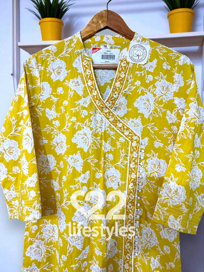 Lemon Yellow White Angrakha Readymade Salwar Suit