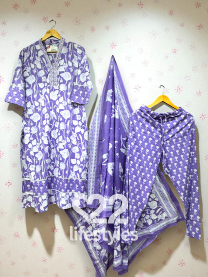 Purple Handblock Floral Readymade Salwar Suit