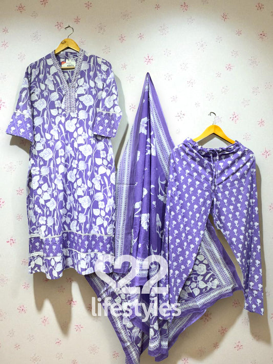 Purple Handblock Floral Readymade Salwar Suit