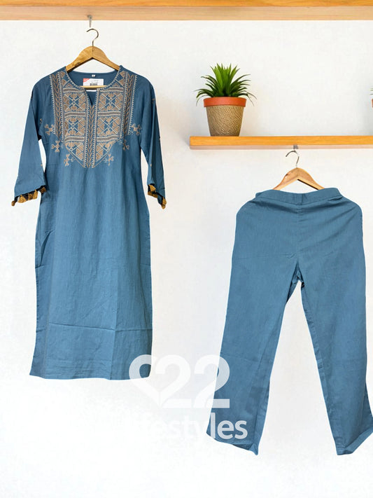Blue Neckline Embroidery Co-ord-Set Readymade