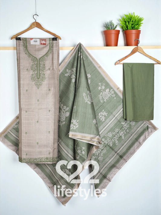 Green Tussar Unstitched Salwar Suit