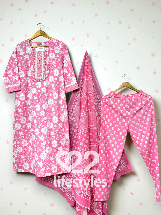 Pink Handblock Floral Readymade Salwar Suit