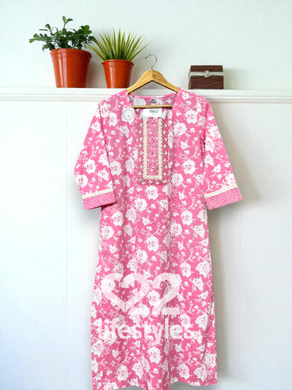 Pink Handblock Floral Readymade Salwar Suit