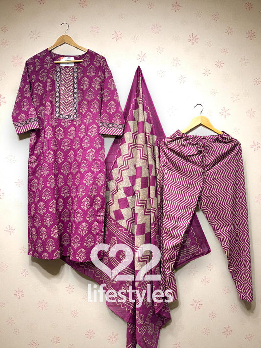 Wine Handblock Readymade Salwar Suit