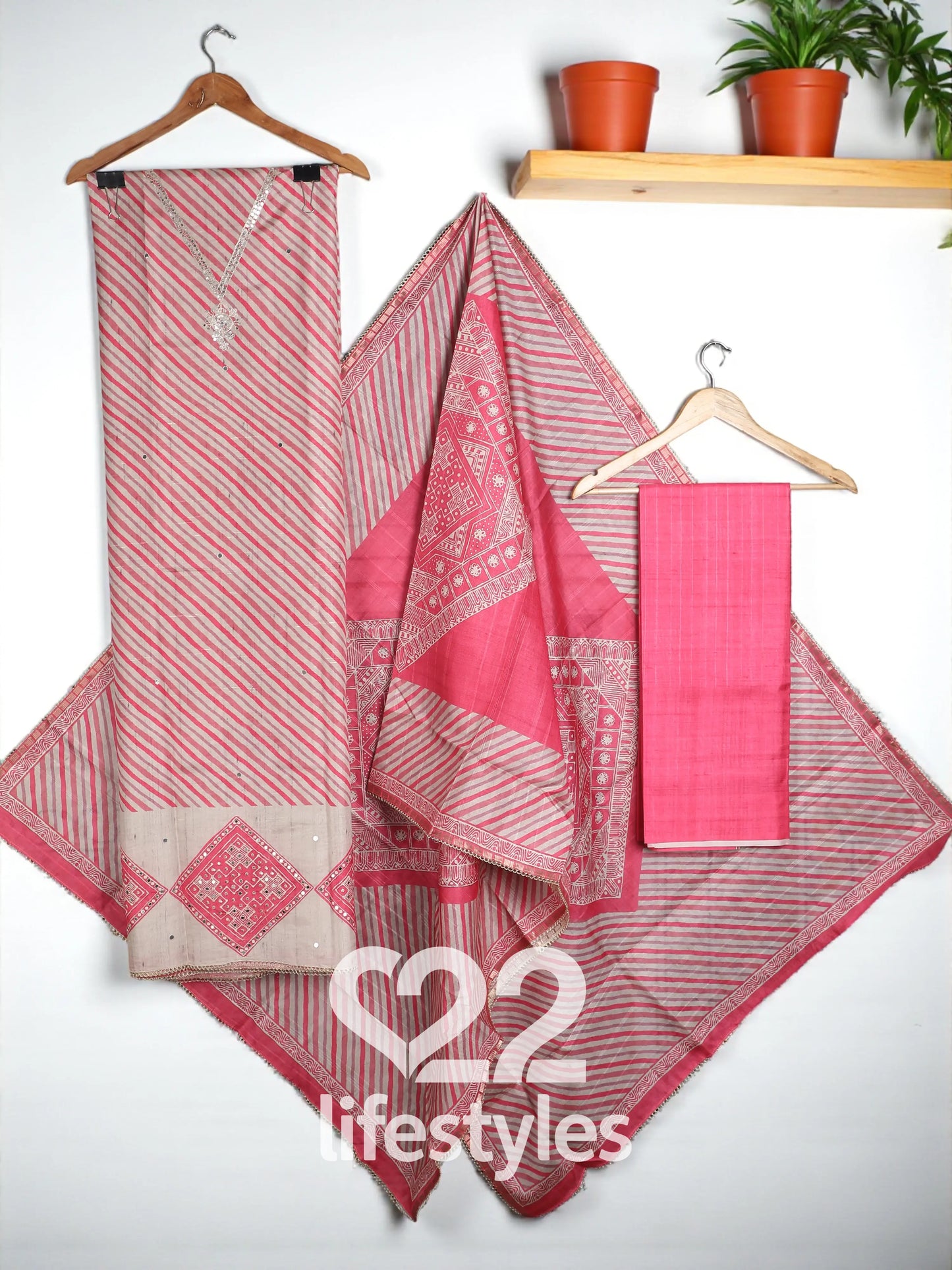 Pink Tussar Unstitched Salwar Suit