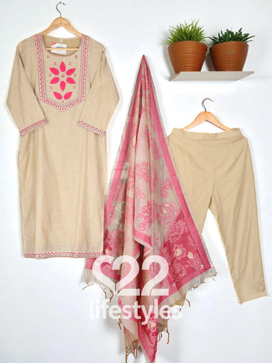 Beige Jamdani Maheshwari Readymade Salwar Suit