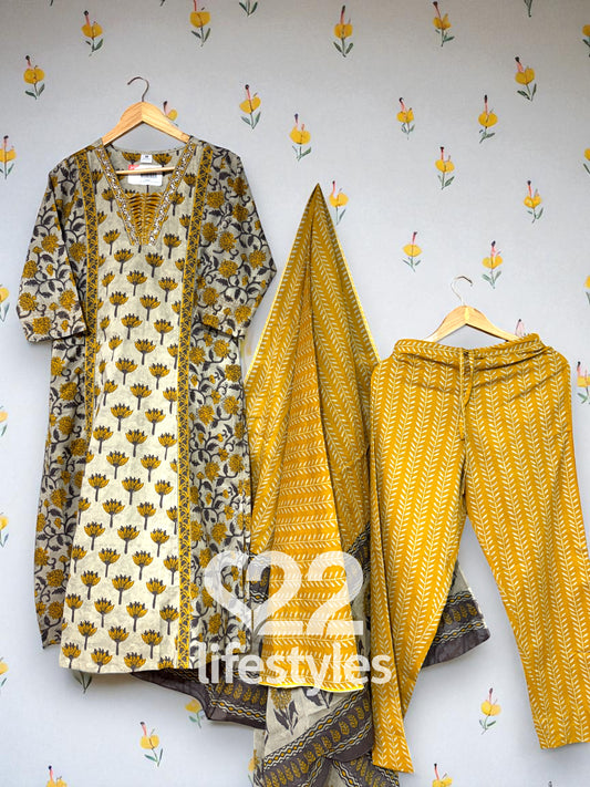 Mustard Ash Grey Handblock Floral Readymade Salwar Suit
