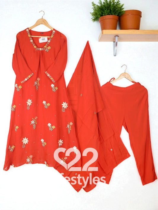 Orange Mul Chanderi Readymade Salwar Suit