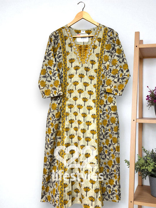 Mustard Ash Grey Handblock Floral Readymade Salwar Suit