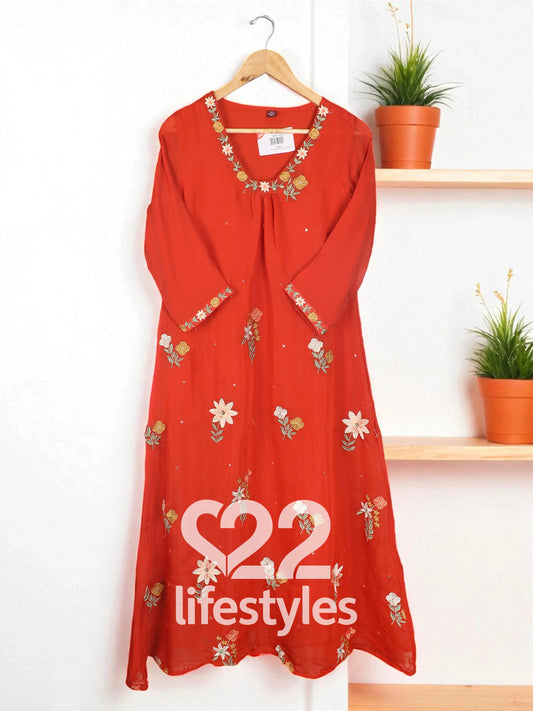 Orange Mul Chanderi Readymade Salwar Suit