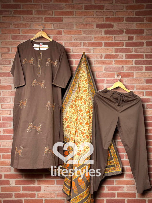 Brown Kantha Work Readymade Salwar Suit