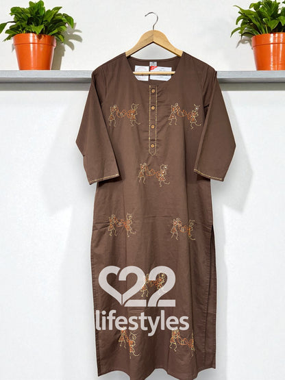 Brown Kantha Work Readymade Salwar Suit