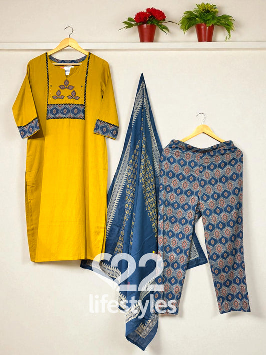 Mustard Ajrakh Cotton Linen Applique Readymade Salwar Suit