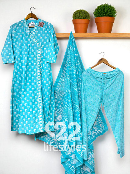 Turquoise Angrakha Handblock Readymade Salwar Suit