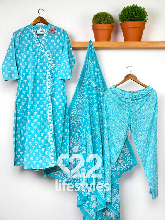 Turquoise Angrakha Handblock Readymade Salwar Suit