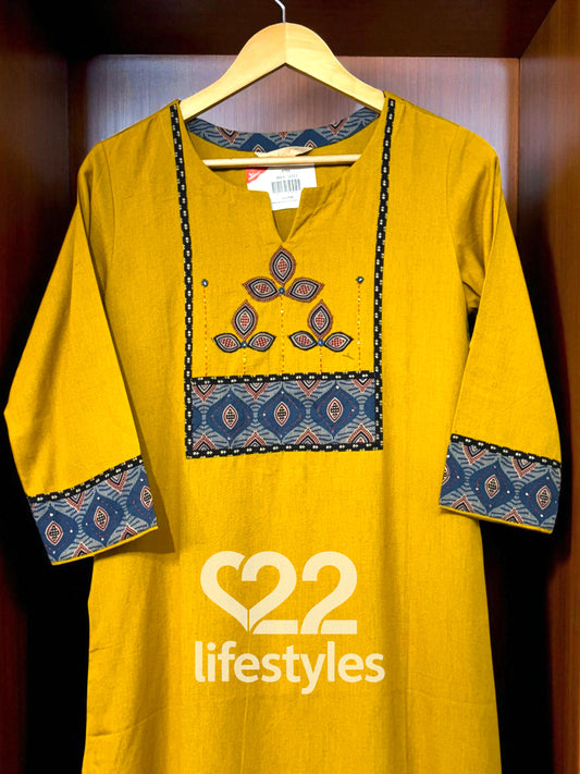 Mustard Ajrakh Cotton Linen Applique Readymade Salwar Suit