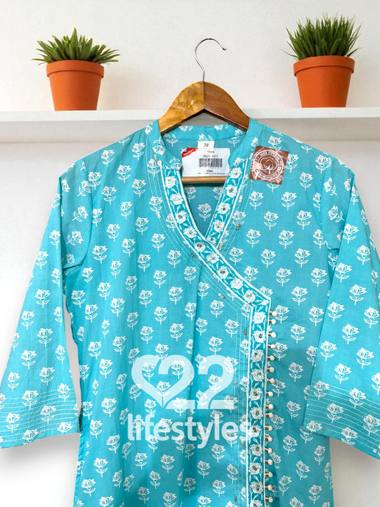 Turquoise Angrakha Handblock Readymade Salwar Suit