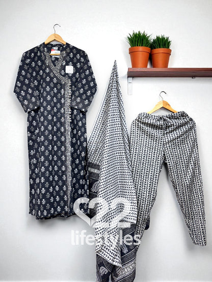 Black and White Handblock Readymade Salwar Suit