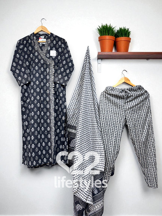 Black and White Handblock Readymade Salwar Suit