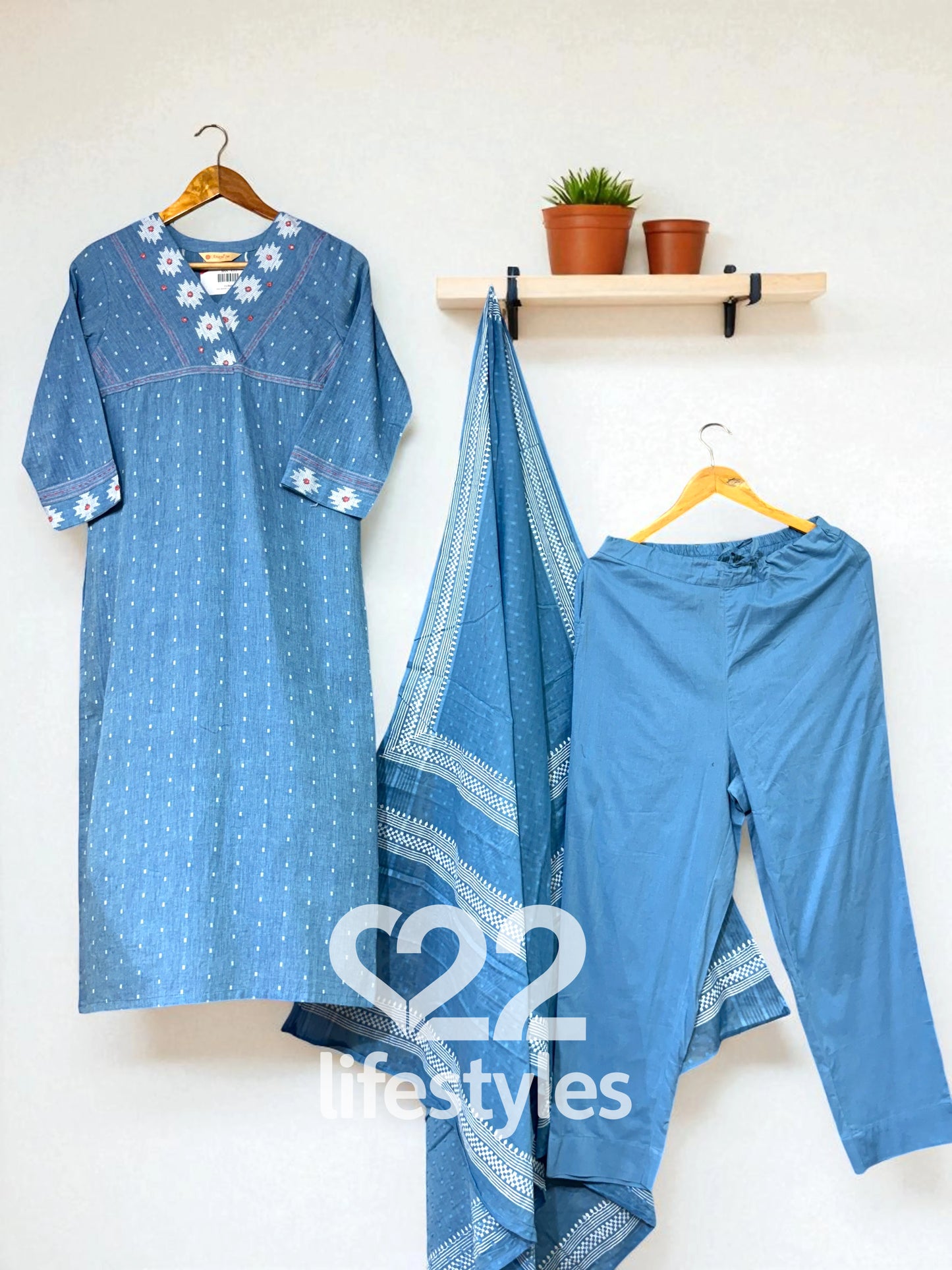 Blue Chambray Dobby Handloom Thread Work Readymade Salwar Suit