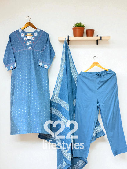 Blue Chambray Dobby Handloom Thread Work Readymade Salwar Suit