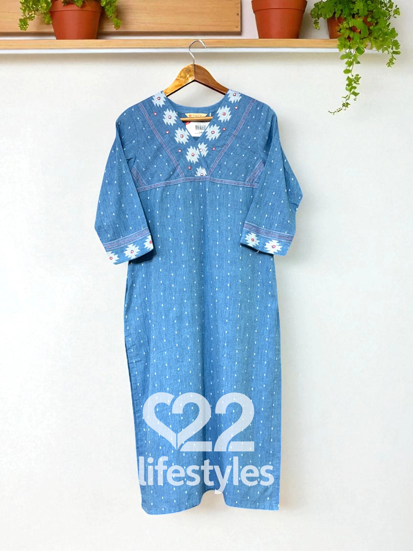 Blue Chambray Dobby Handloom Thread Work Readymade Salwar Suit