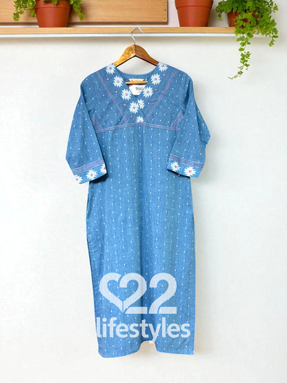 Blue Chambray Dobby Handloom Thread Work Readymade Salwar Suit