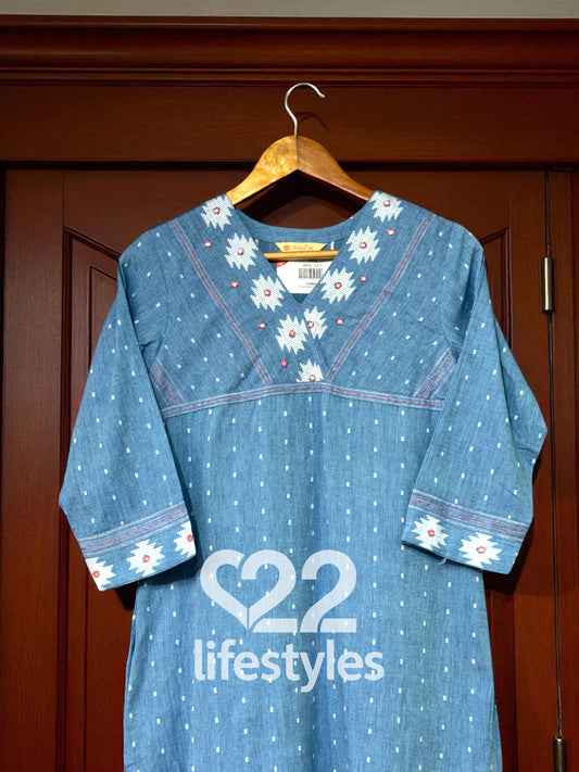 Blue Chambray Dobby Handloom Thread Work  Readymade Salwar Suit