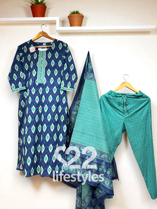 Blue Ikkat Print Handblock Readymade Salwar Suit