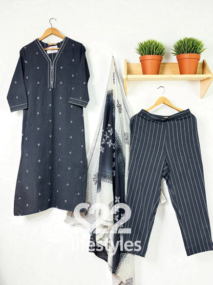 Charcoal Grey Dobby Handloom Thread Work  Readymade Salwar Suit