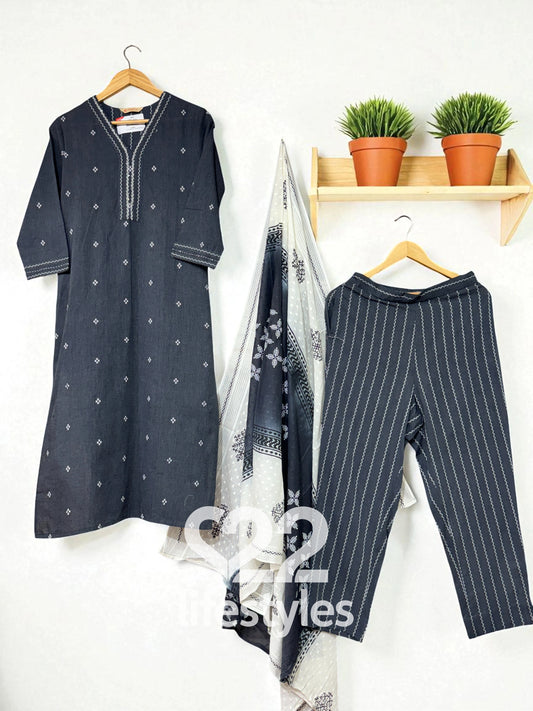 Charcoal Grey Dobby Handloom Thread Work  Readymade Salwar Suit