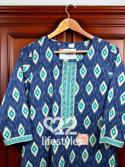 Blue Ikkat Print Handblock Readymade Salwar Suit