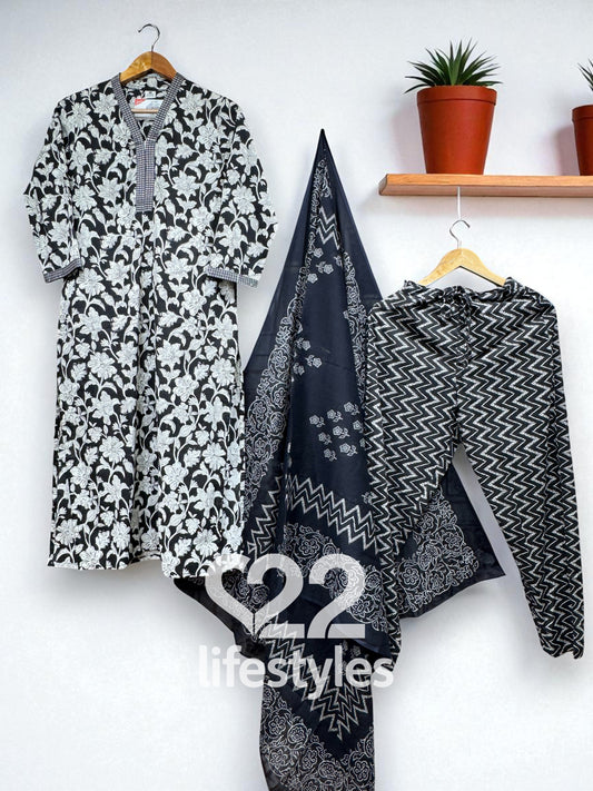 Black & White Handblock Floral Readymade Salwar Suit