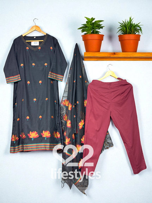 Black Jamdani Mul Chanderi  Readymade Salwar Suit