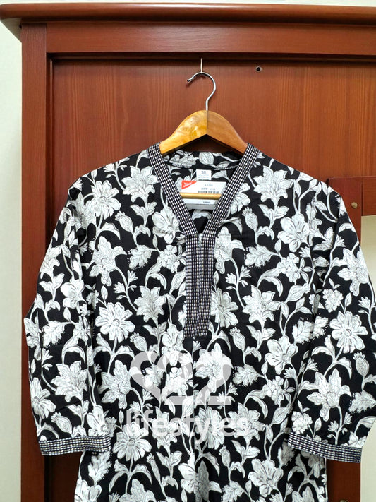 Black & White Handblock Floral Readymade Salwar Suit