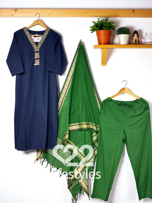 Blue Cut Work Handloom Readymade Salwar Suit