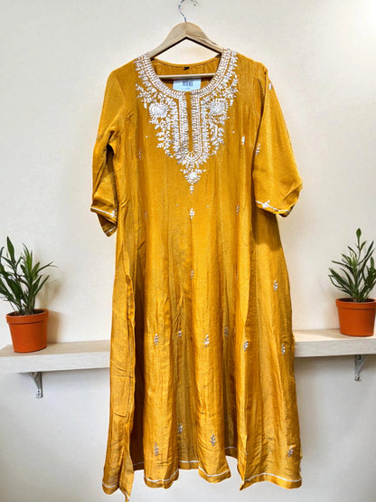 Mustard Yellow - White Thread Embroidery - Anarkali Suit