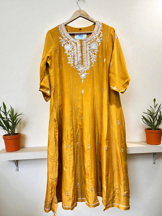 Mustard Yellow - White Thread Embroidery - Anarkali Suit