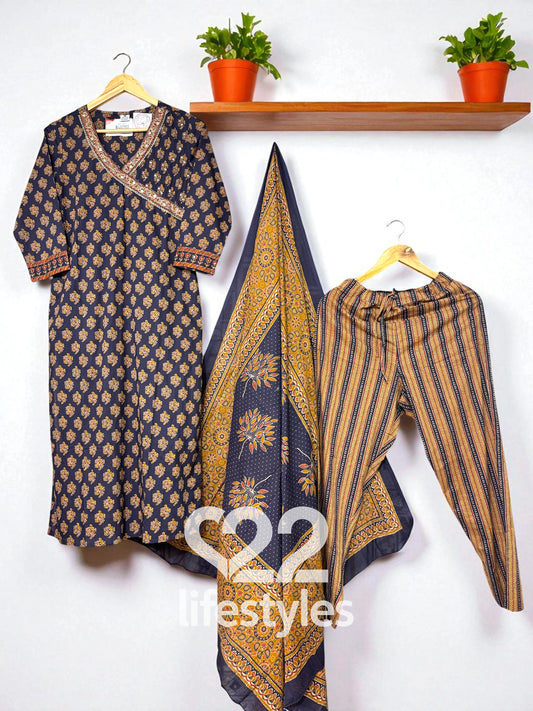 Dark Purple Cotton Ajrakh Readymade Salwar Suit