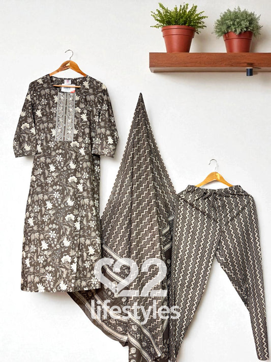 Brown With Off-White Floral and Geometric Block Prints.
