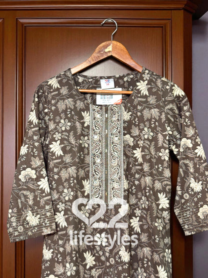 Brown With Off-White Floral and Geometric Block Prints.